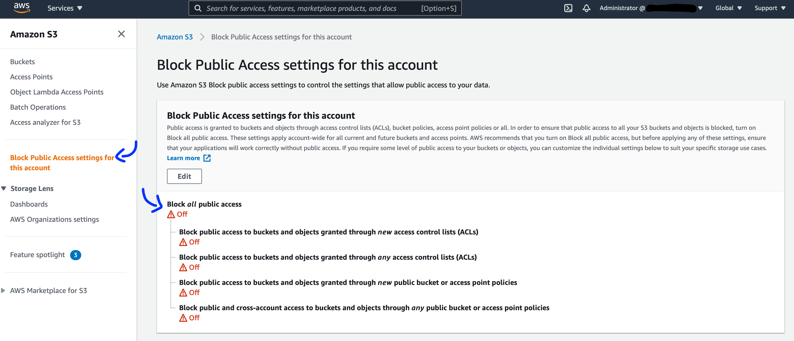 AWS S3 configuration to unblock public access settings for the account